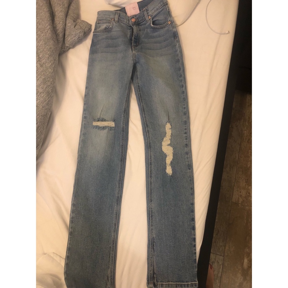 REVICE Light Blue Bootcut Jeans with Distressed Knees